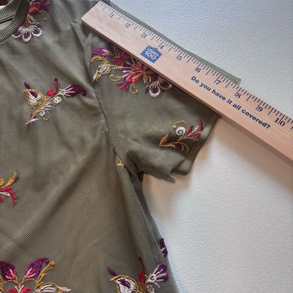 Massini Olive Green Mesh Women's Top Multicolor Floral Embroidery Layered Size S - Picture 5 of 10